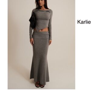 Meshki Karlie Gray Knit Asymmetric top and Maxi Skirt set